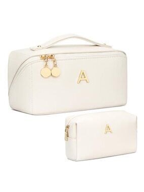 Personalized Initial Makeup Bag Set Faux Leather Travel Cosmetic Organizer Gift